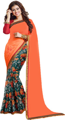 Flip The Style Floral Print Bollywood Georgette, Chiffon Saree(Blue, Orange)