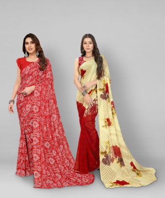 kashvi sarees Floral Print, Polka Print, Ombre, Printed Bollywood Georgette Saree(Pack of 2, Red, Beige)