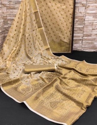 Pervas Woven Kanjivaram Silk Blend, Cotton Silk Saree(Cream)