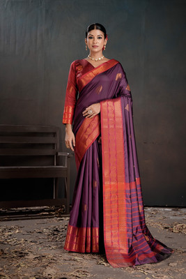 PEENGAX Woven Handloom Silk Blend Saree(Purple)