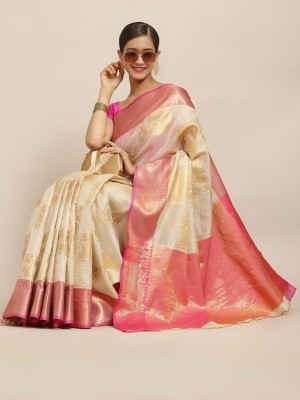 VILLAGIUS Embellished, Woven Kota Doria Silk Blend, Tissue Saree(Pack of 2, Cream, Pink)