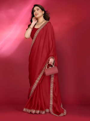 Labheshwari Solid/Plain, Embroidered Daily Wear Georgette Saree(Red)
