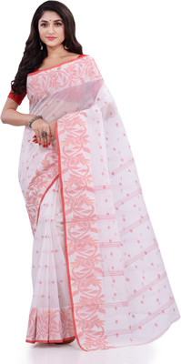 Desh Bidesh Woven, Paisley, Floral Print, Self Design, Solid/Plain Handloom Handloom Cotton Blend, Pure Cotton Saree(White)