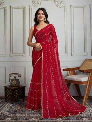 House of Pataudi Embroidered Saree with Attached Blouse Art Silk Saree(Red)