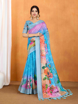 Shree Ganesh Digital Print Banarasi Cotton Silk Saree(Multicolor)