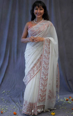 Apu Printed Handloom Cotton Blend Saree(White)