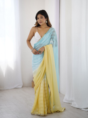 Divastri Solid/Plain Bollywood Satin Saree(Blue, Yellow)