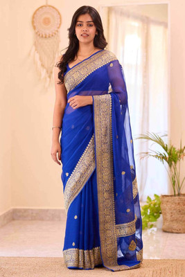 Peachmode Embroidered Bollywood Linen Saree(Blue)
