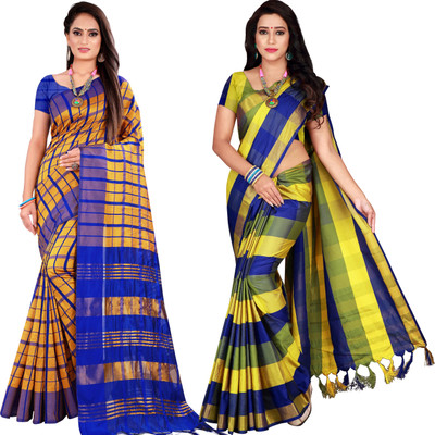PRIYANSH CREATION Checkered Bollywood Cotton Silk Saree(Pack of 2, Multicolor)
