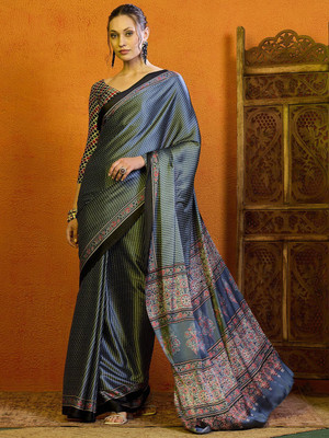 Sangria Printed Hand Batik Satin Saree(Grey)