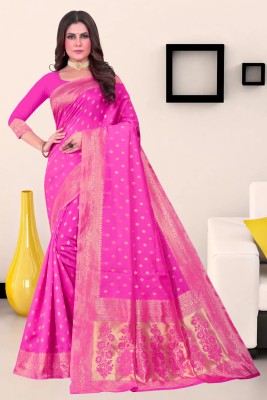 SPOTXY Woven Kanjivaram Silk Blend Saree(Pink)