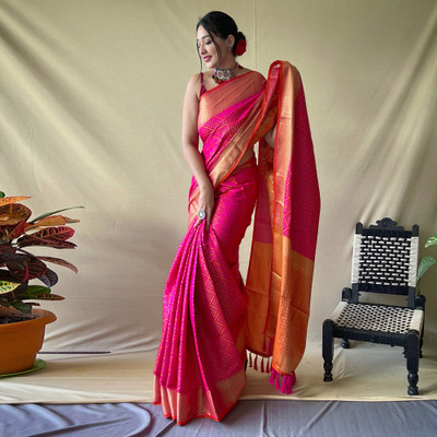 The Fashion Storm Woven Patola Cotton Blend Saree(Pink)