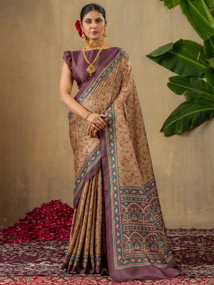 Tasrika Printed Daily Wear Silk Blend Saree(Brown)