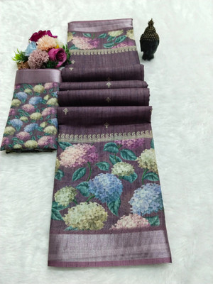 Mervadiya Floral Print Kanjivaram Linen, Cotton Linen Saree(Magenta)