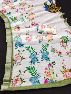 Soham Enterprise Digital Print Banarasi Cotton Linen Saree(Multicolor)