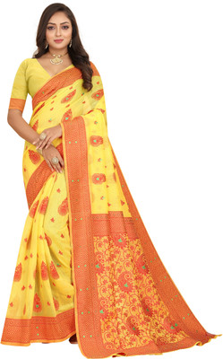 FENAL Woven, Self Design Kanjivaram Jacquard, Cotton Silk Saree(Gold, Red)