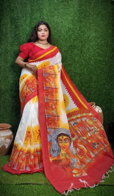 Rnn Saree Printed Handloom Pure Cotton Saree(Red, White)
