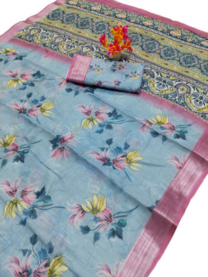 HouseOfCommon Printed Kanjivaram Pure Cotton, Cotton Linen Saree(Light Blue, Pink)
