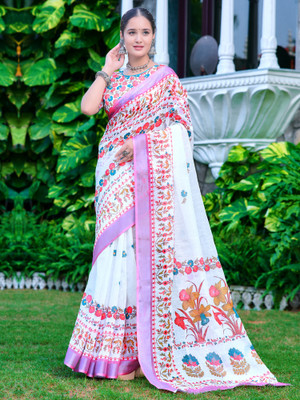 Tasrika Digital Print Bandhani Cotton Linen Saree(White)