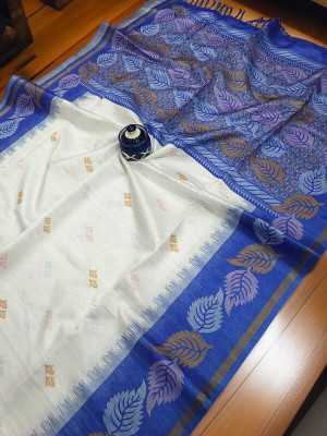 WILLMAKE Printed, Applique, Embellished, Floral Print, Woven Bollywood Cotton Linen Saree(White)