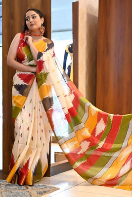 HouseOfCommon Printed Daily Wear Cotton Blend Saree(Cream)
