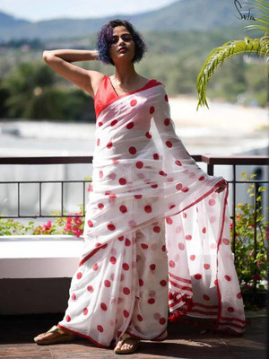 Sia Saree Bazaar Printed Handloom Pure Cotton Saree(White)
