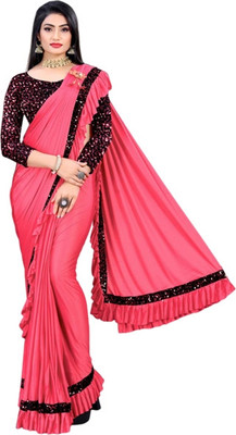 Memsaab Creation Self Design Bollywood Lycra Blend Saree(Orange)