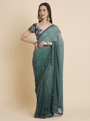 RATAN Embellished Saree with Attached Blouse Georgette Saree(Grey)