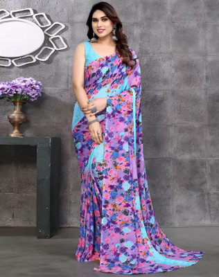 MITRACREATION Printed Bollywood Georgette Saree(Light Blue)