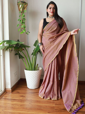 ANOUK Solid/Plain Saree with Attached Blouse Pure Cotton Saree(Purple)