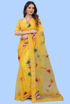 Meaven feb Self Design Bollywood Net Saree(Yellow)