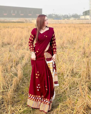 Divine Fabrics Woven Mekhela Chador Pure Cotton Saree(Maroon)