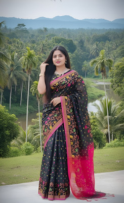 AKfasionN Embroidered Handloom Cotton Silk Saree(Black)