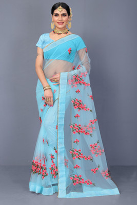 MYSTERY BOX Embroidered Bollywood Net Saree(Light Blue)