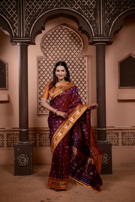 LeeliPeeri Designer Printed Paithani Cotton Silk Saree(Maroon)
