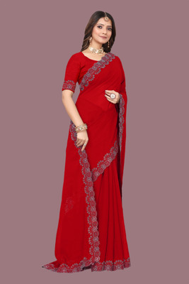 rudraCreation Solid/Plain, Embellished Mysore Georgette Saree(Red)