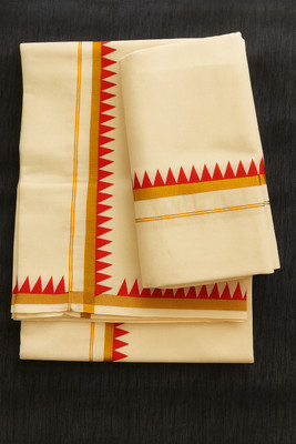 Adhvini Solid/Plain, Woven, Temple Border Mundum Neriyathum Pure Cotton Saree(Cream, Red)