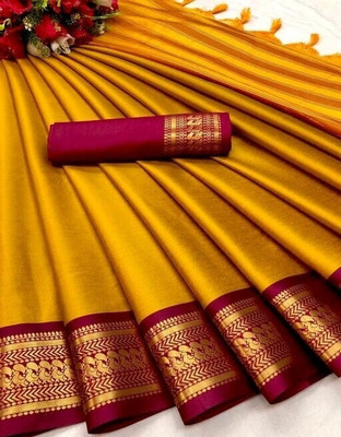 RS Creations Solid/Plain, Woven, Striped Ikkat Art Silk Saree(Yellow)