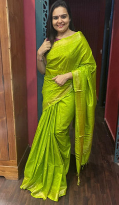 Hatha Karagha Checkered Bhagalpuri Handloom Cotton Silk Saree(Green)