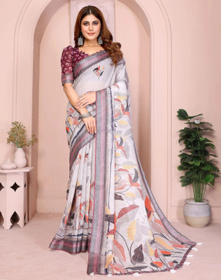 jya Floral Print, Digital Print Bollywood Cotton Linen Saree(Grey)