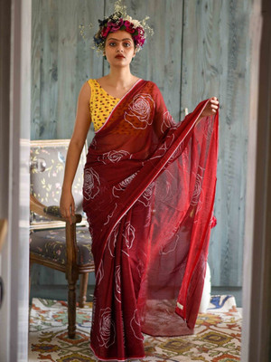kriyafashion Digital Print Chanderi Cotton Linen Saree(Maroon)