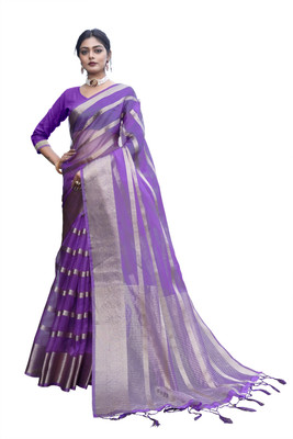 HouseOfCommon Solid/Plain Bandhani Organza Saree(Purple, Silver)