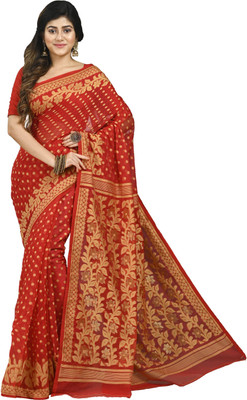 crochetin Woven Kantha Cotton Blend Saree(Red)