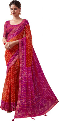 Pranjal Printed Bandhani Chiffon Saree(Pink)