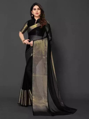 Vragi Embellished, Solid/Plain Bollywood Chiffon Saree(Black)