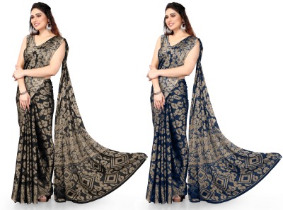 MIRCHI FASHION Printed, Floral Print Daily Wear Chiffon, Georgette Saree(Pack of 2, Black, Dark Blue)