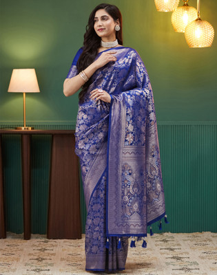Satrani Woven, Embellished Banarasi Silk Blend Saree(Gold, Blue)
