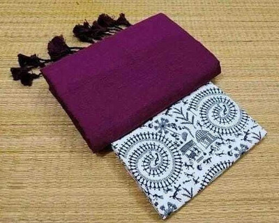 SMRITI BOUTIQUE Solid/Plain, Printed Kalamkari Handloom Pure Cotton Saree(Magenta, White)