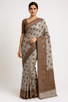 Adeez Creation Woven Banarasi Cotton Blend Saree(Grey)