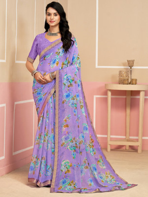Divastri Floral Print, Geometric Print, Digital Print, Printed Bollywood Chiffon Saree(Purple)